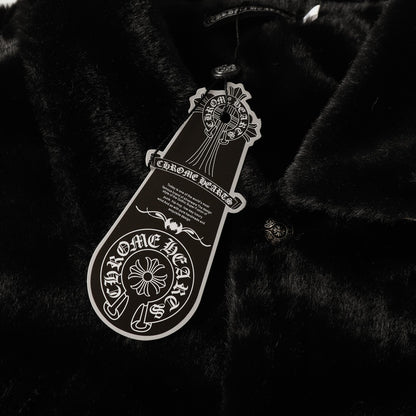 Chrome Hearts Faux Fur Cross Varsity Jacket - Black White Gothic Streetwear 035
